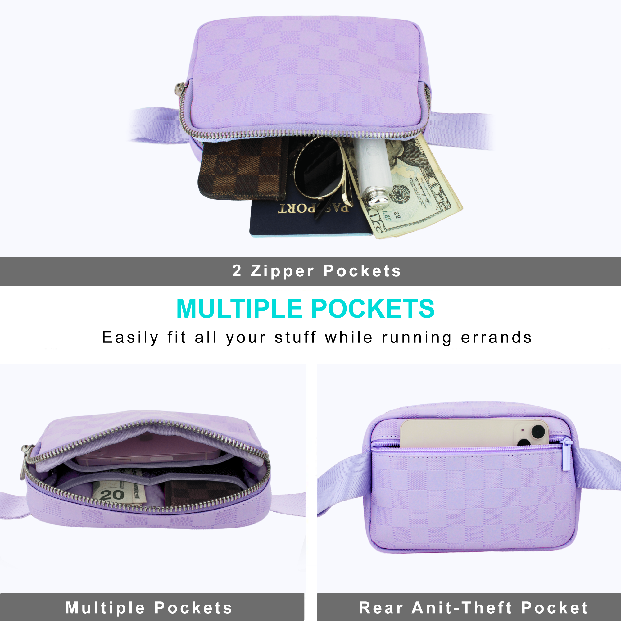 Checkered Belt Bag - Purple Fanny Pack For Women - Crossbody Waist Bag