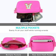 Chenille A Patch Nylon Belt Bag - Hot Pink Fanny Pack For Women - Crossbody Bag Waist Pack Bum Bag