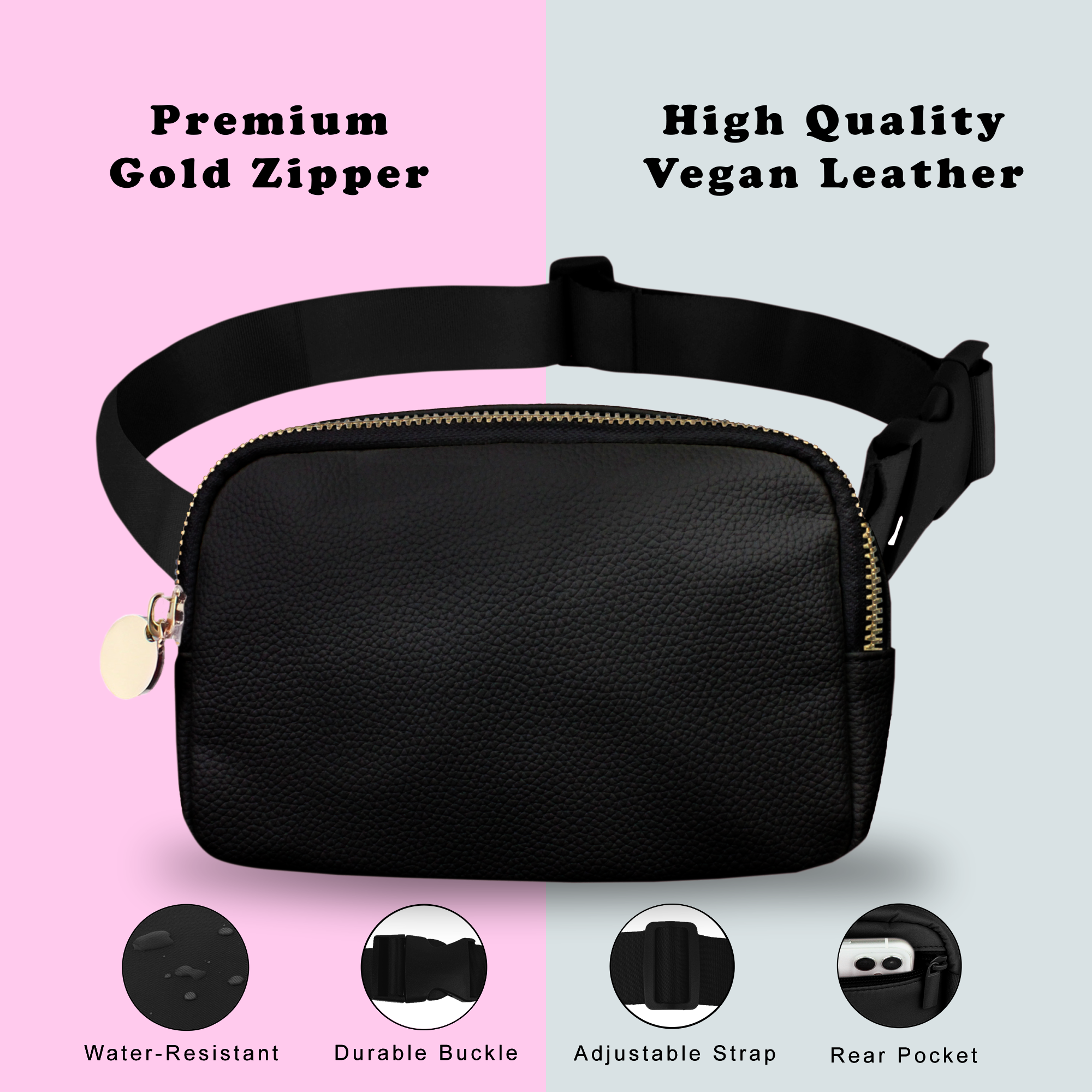 Black Leather Belt Bag Womens - Leather Fanny Pack Women - Crossbody Bag Waist Pack Bum Bag