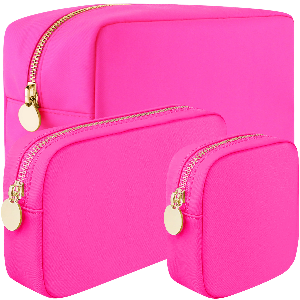 3 Piece Makeup Bag Set Mini, Small & Large Cosmetic Bags - Hot Pink