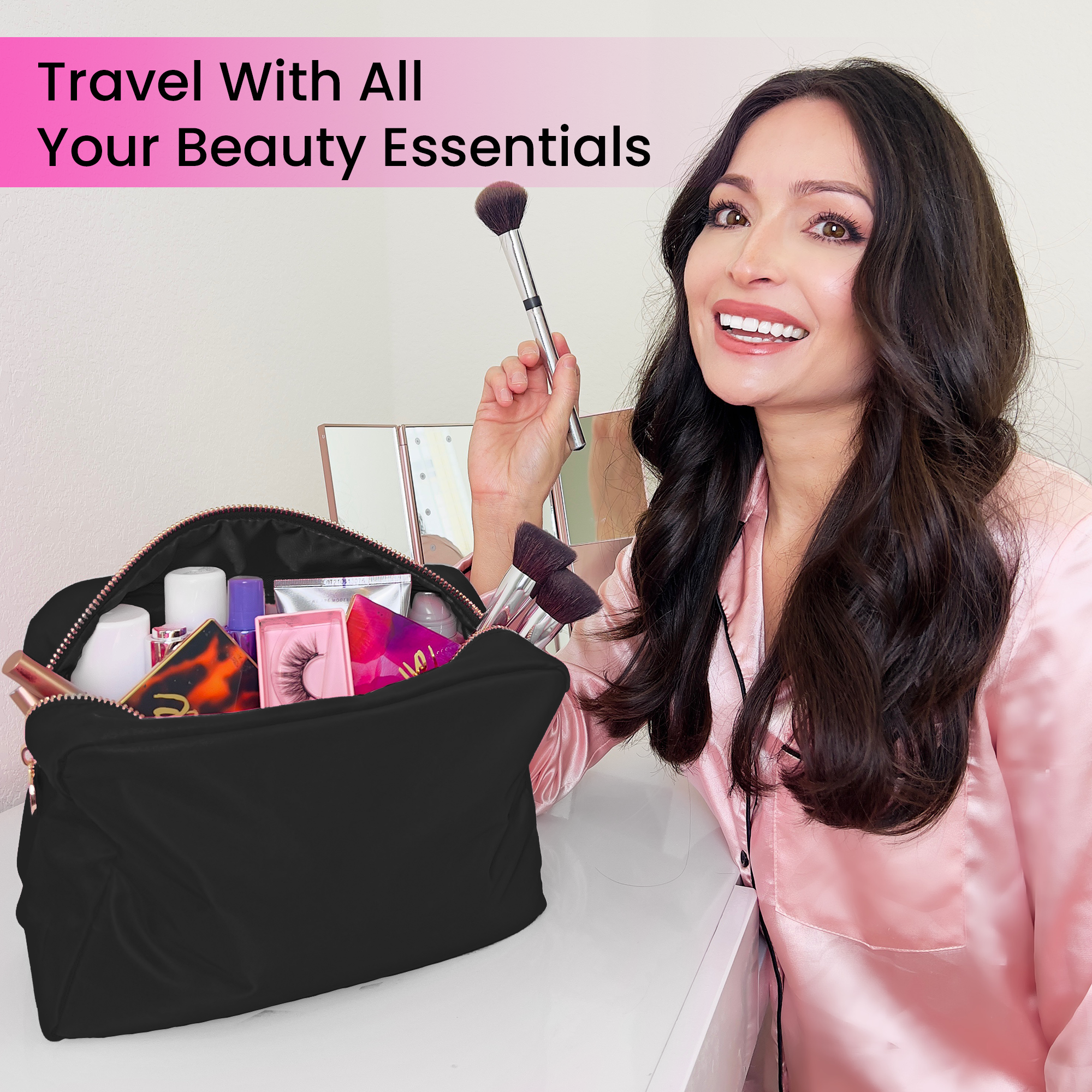 Large Makeup Bag Black - Travel Toiletry Bag For Women